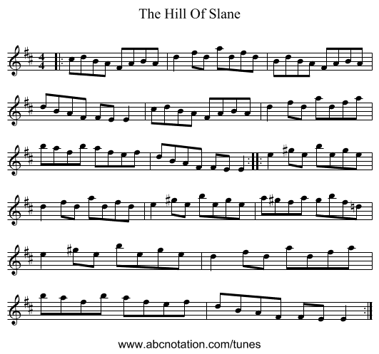 The Hill Of Slane - staff notation