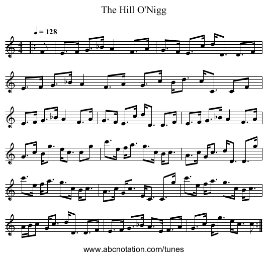 The Hill O'Nigg - staff notation