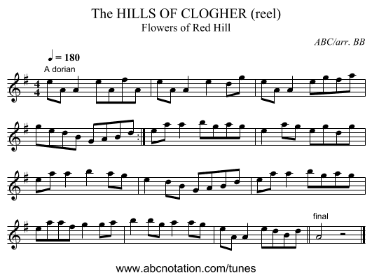 The HILLS OF CLOGHER (reel) - staff notation