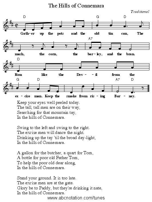 The Hills of Connemara - staff notation