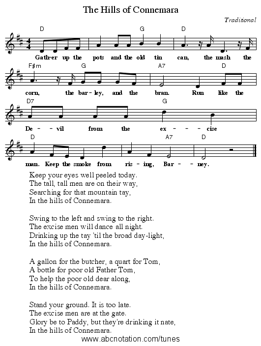 The Hills of Connemara - staff notation