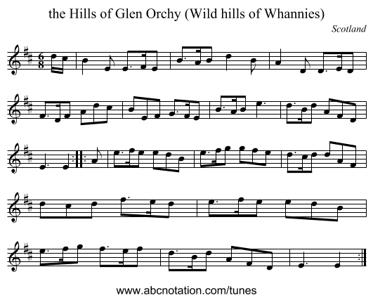 the Hills of Glen Orchy (Wild hills of Whannies) - staff notation