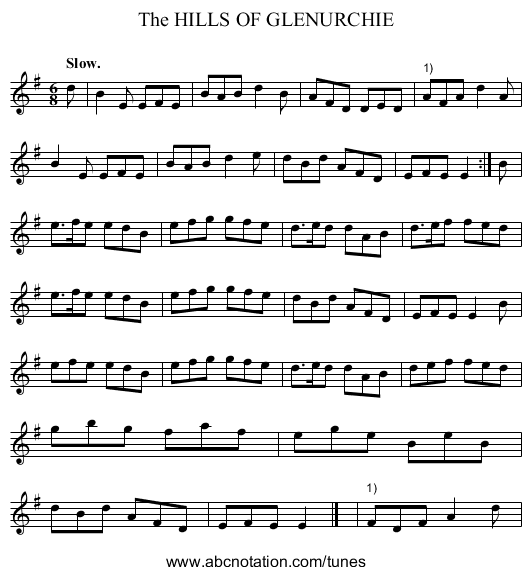 The HILLS OF GLENURCHIE - staff notation
