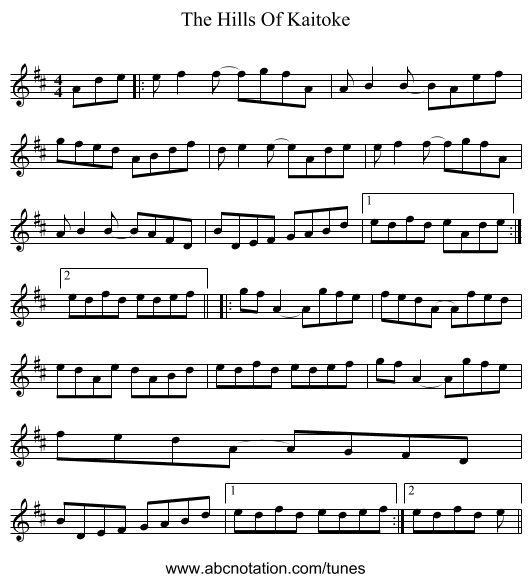 The Hills Of Kaitoke - staff notation