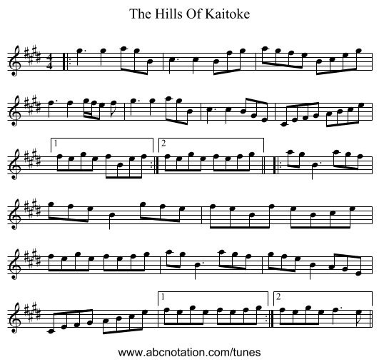 The Hills Of Kaitoke - staff notation