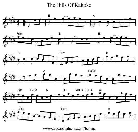The Hills Of Kaitoke - staff notation