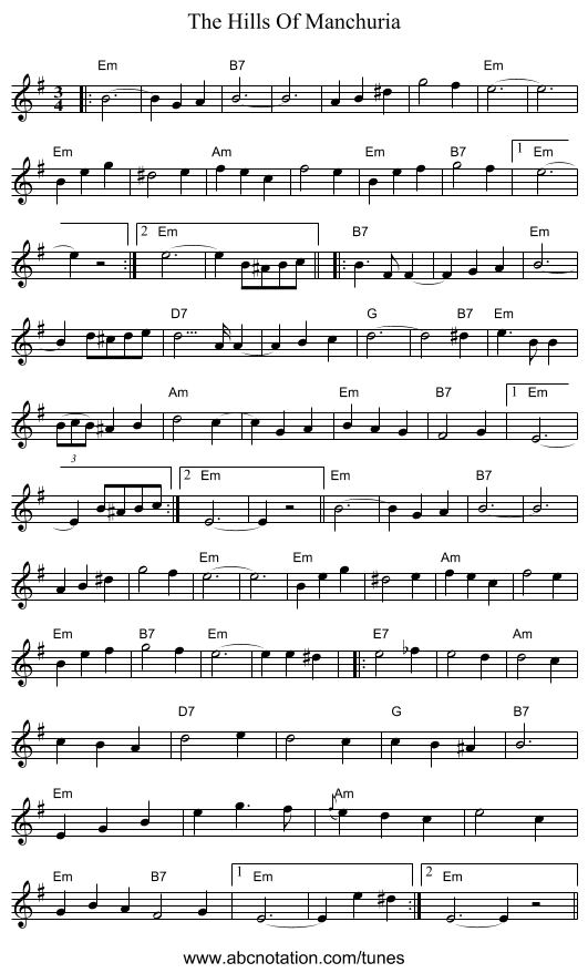 The Hills Of Manchuria - staff notation