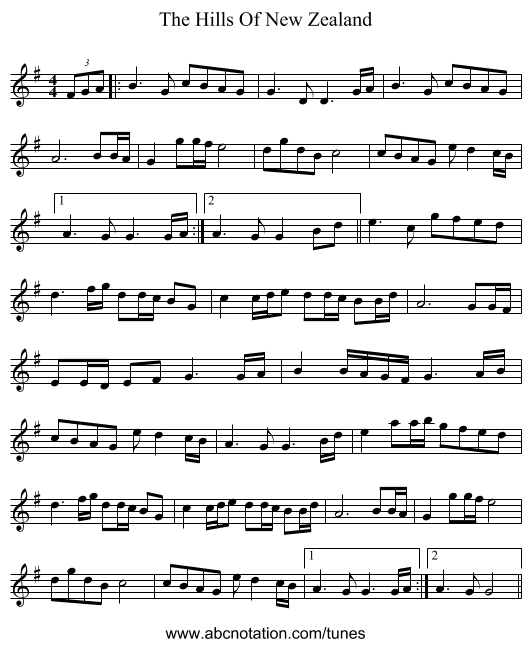 The Hills Of New Zealand - staff notation