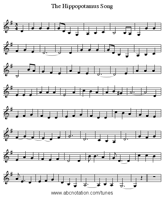 The Hippopotamus Song - staff notation