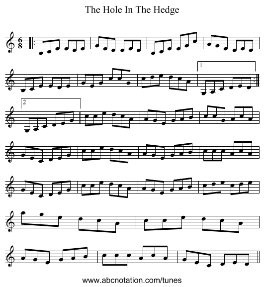 The Hole In The Hedge - staff notation