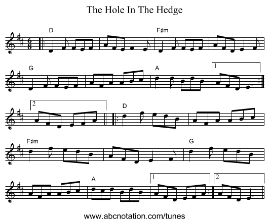 The Hole In The Hedge - staff notation