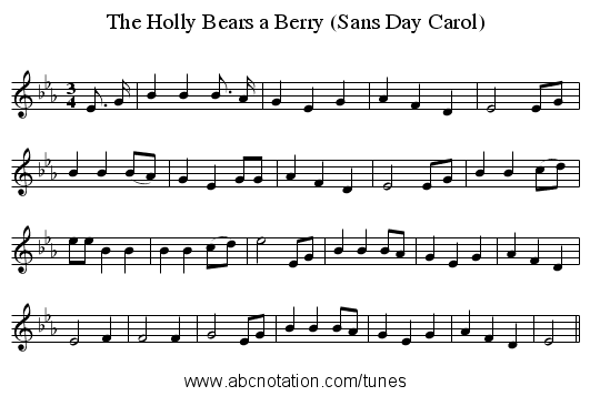 The Holly Bears a Berry (Sans Day Carol) - staff notation