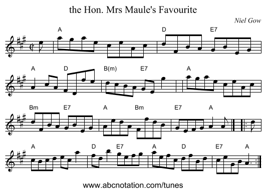the Hon. Mrs Maule's Favourite - staff notation