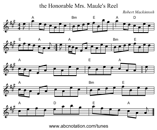 the Honorable Mrs. Maule's Reel - staff notation