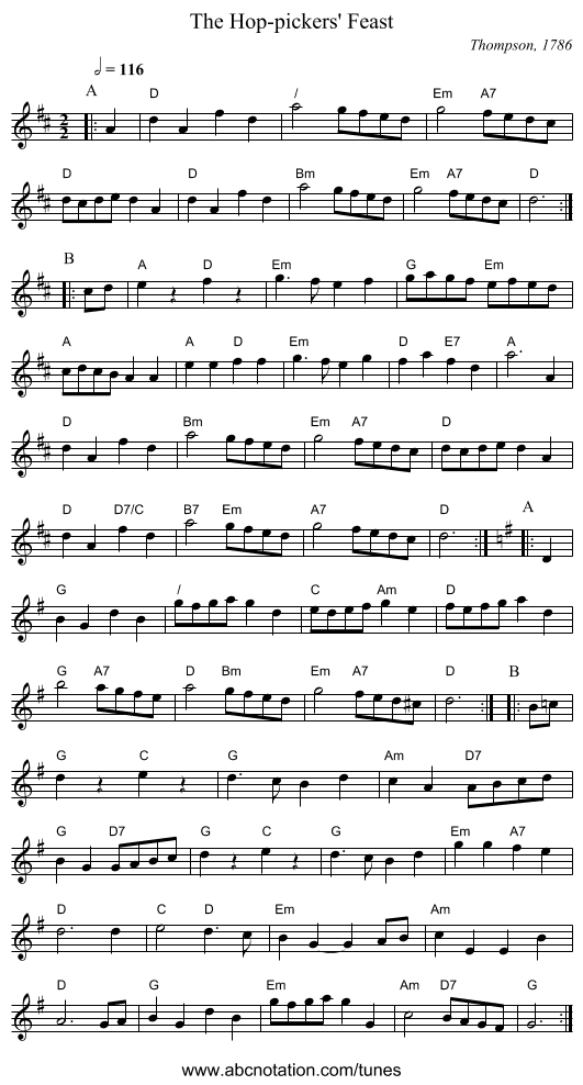 The Hop-pickers' Feast - staff notation
