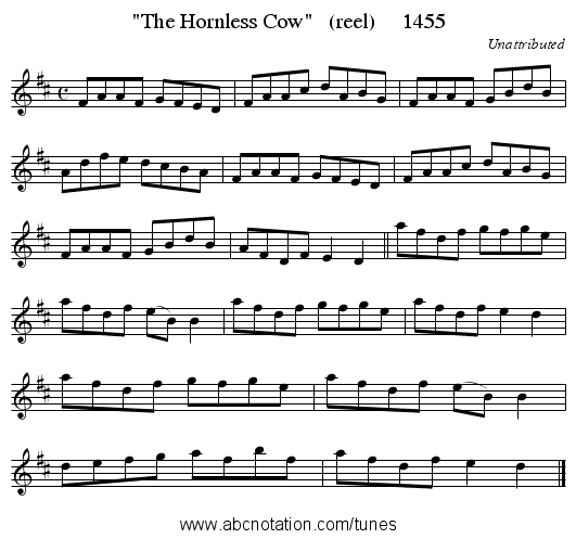 The Hornless Cow   (reel)     1455 - staff notation
