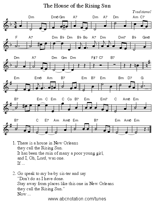 The House of the Rising Sun - staff notation