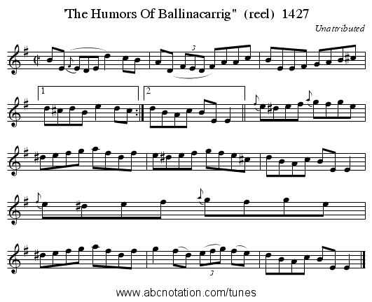 'The Humors Of Ballinacarrig  (reel)  1427 - staff notation