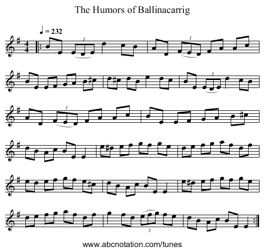 The Humors of Ballinacarrig - staff notation