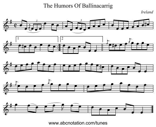 The Humors Of Ballinacarrig - staff notation
