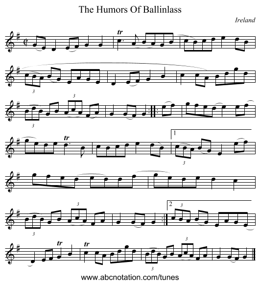 The Humors Of Ballinlass - staff notation