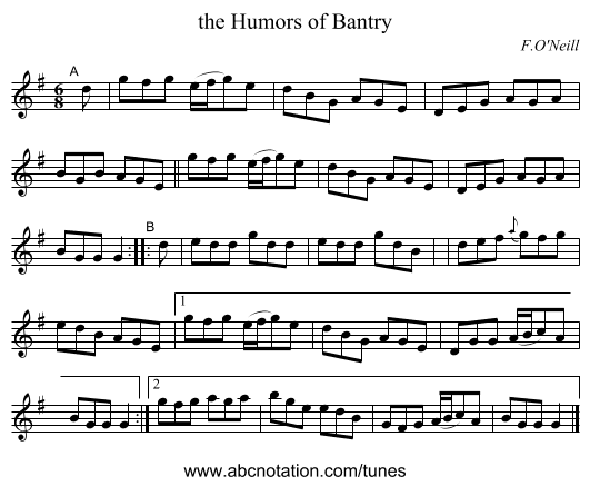 the Humors of Bantry - staff notation
