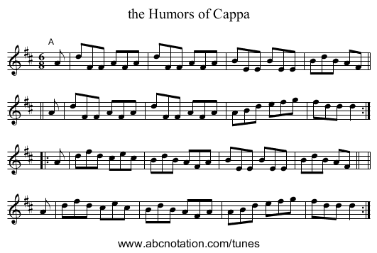 the Humors of Cappa - staff notation