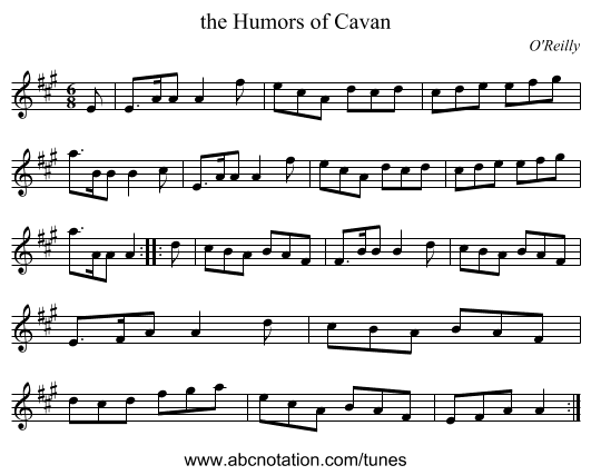 the Humors of Cavan - staff notation