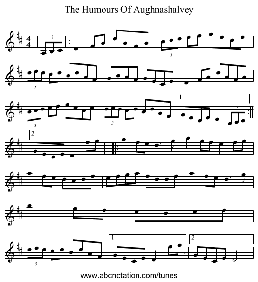 The Humours Of Aughnashalvey - staff notation