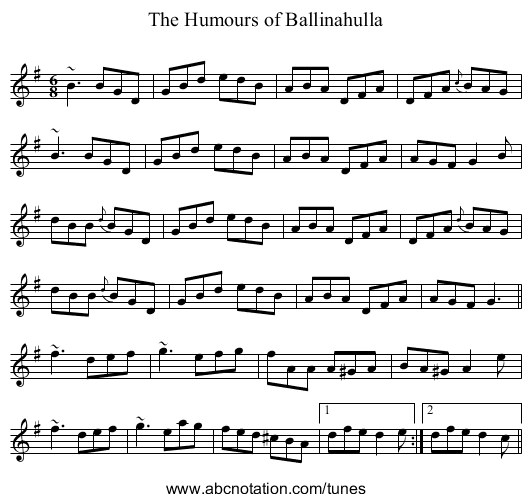 The Humours of Ballinahulla - staff notation