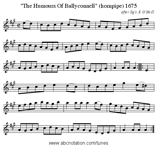 The Humours Of Ballyconnell (hornpipe) 1675 - staff notation
