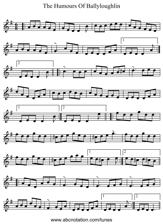 The Humours Of Ballyloughlin - staff notation