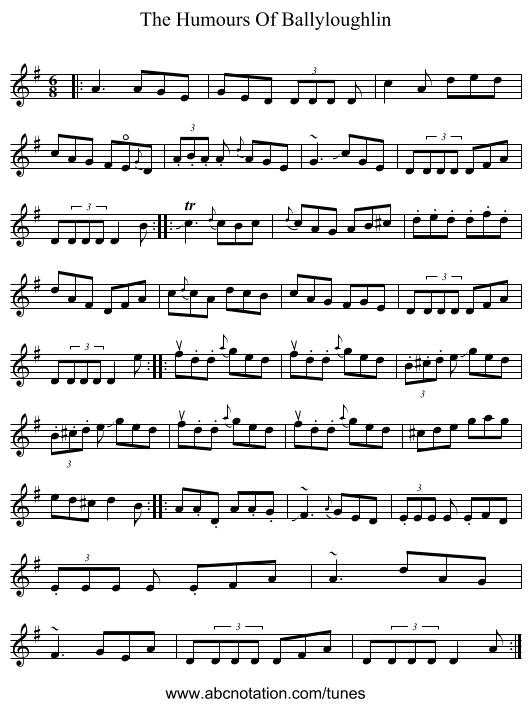 The Humours Of Ballyloughlin - staff notation