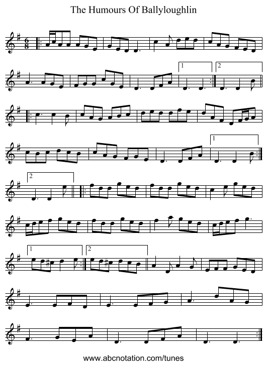 The Humours Of Ballyloughlin - staff notation
