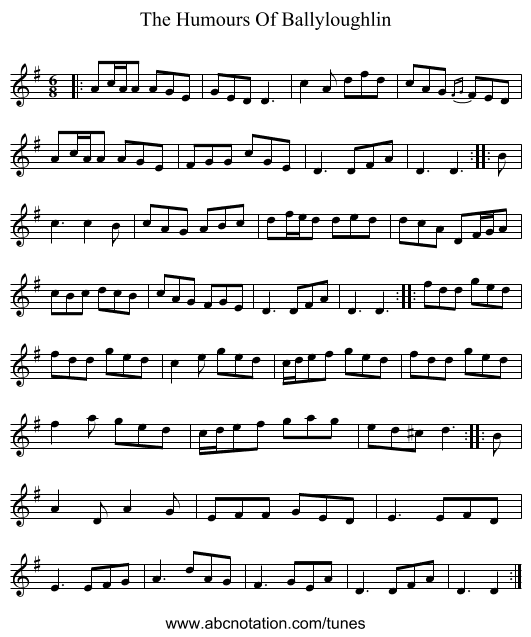 The Humours Of Ballyloughlin - staff notation