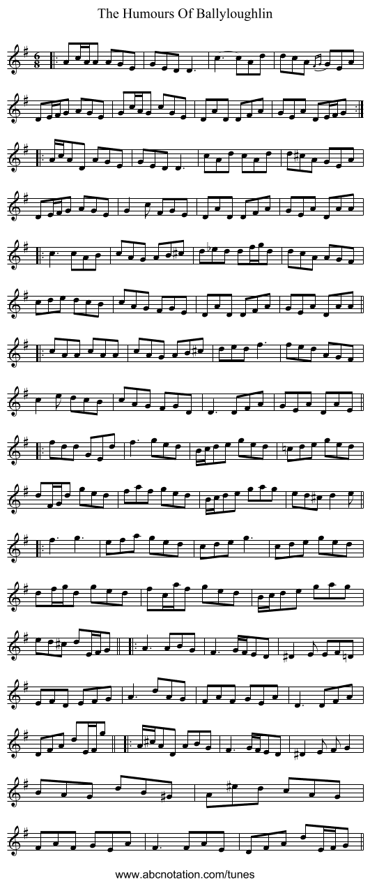 The Humours Of Ballyloughlin - staff notation