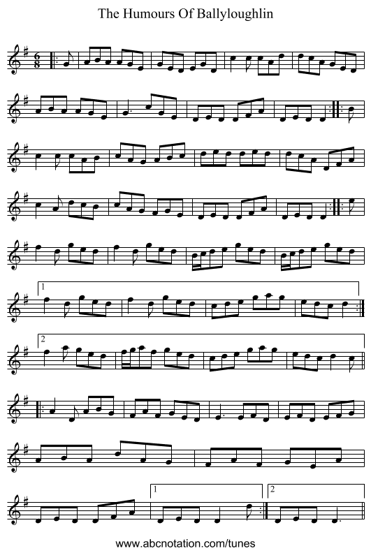 The Humours Of Ballyloughlin - staff notation