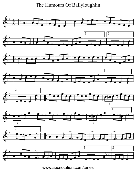 The Humours Of Ballyloughlin - staff notation