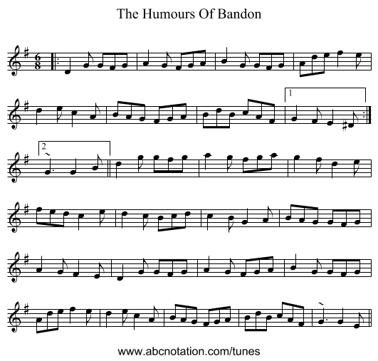 The Humours Of Bandon - staff notation