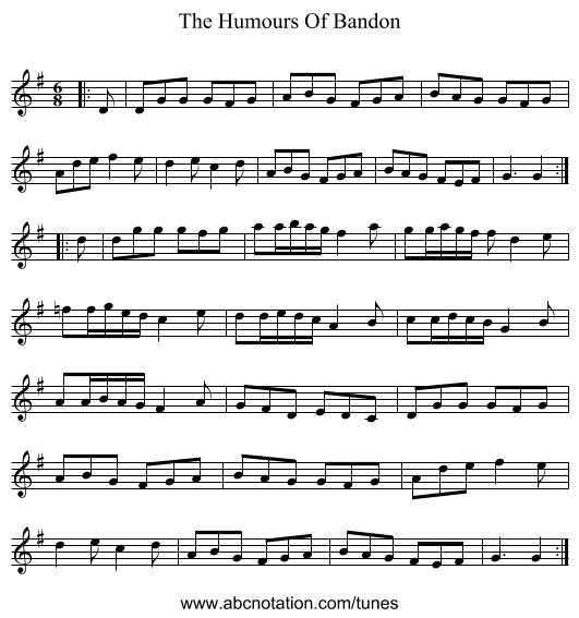 The Humours Of Bandon - staff notation