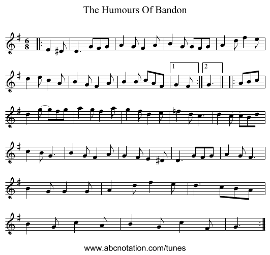 The Humours Of Bandon - staff notation