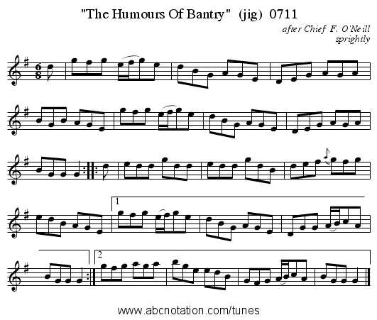 The Humours Of Bantry (jig) 0711 - staff notation