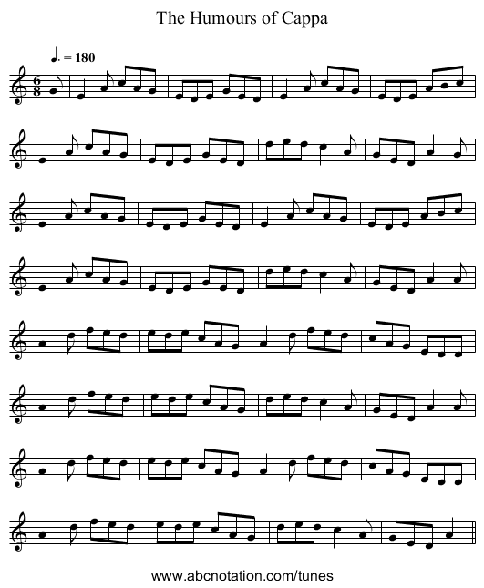 The Humours of Cappa - staff notation