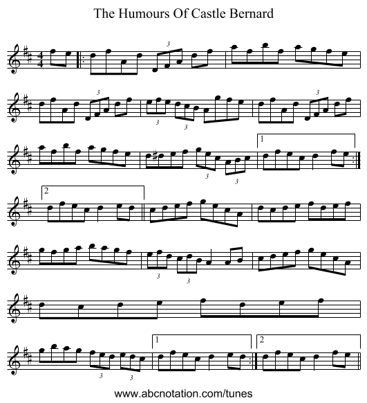 The Humours Of Castle Bernard - staff notation