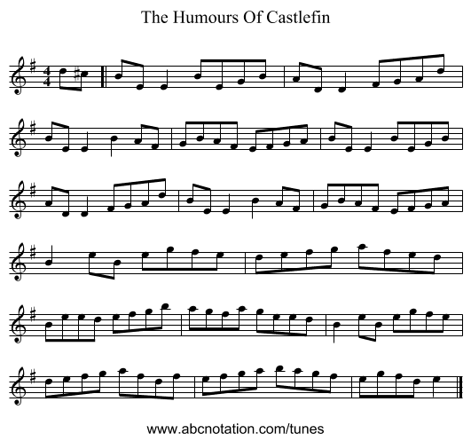 The Humours Of Castlefin - staff notation