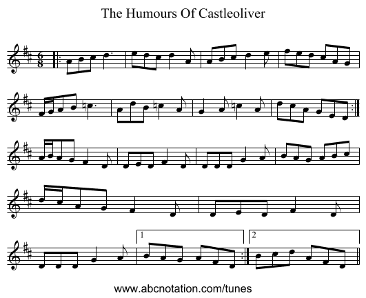 The Humours Of Castleoliver - staff notation