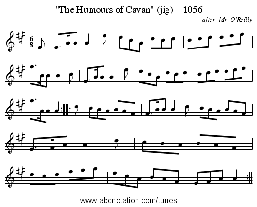 The Humours of Cavan (jig) 1056 - staff notation