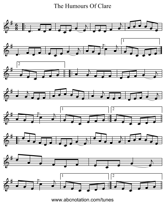 The Humours Of Clare - staff notation