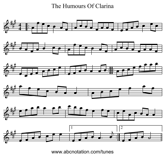 The Humours Of Clarina - staff notation
