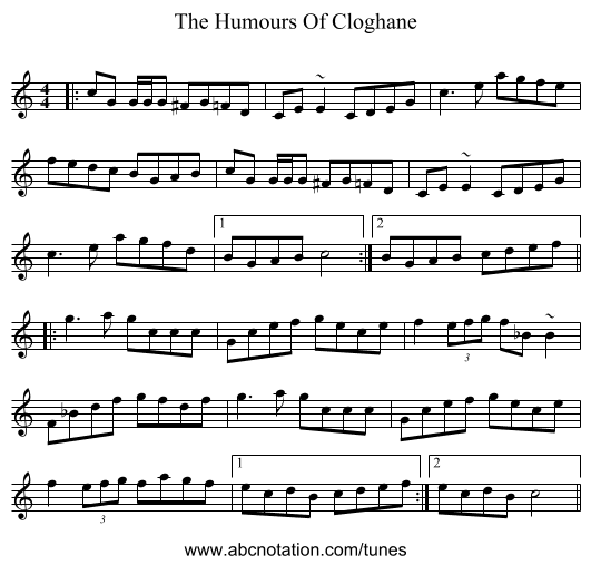 The Humours Of Cloghane - staff notation